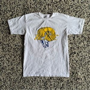 Active Ride Shop Tee Shirt White Short Sleeve Blue Yellow Rams Logo Men’s Small